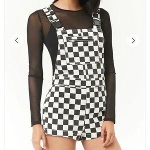 Checkered Denim Overall Shorts